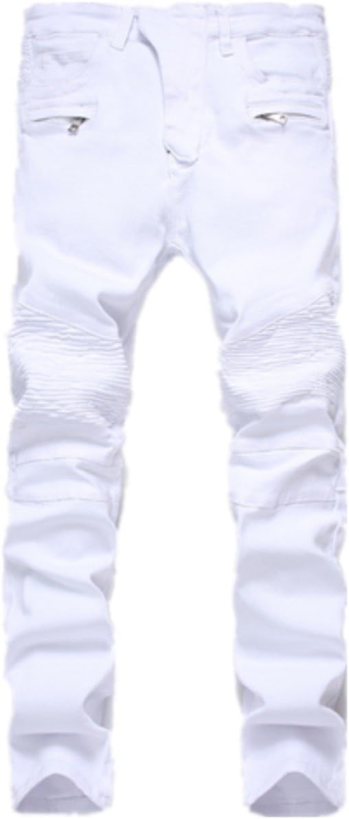 IA ROD CA Men's White Biker Moto Slim Fashion Skinny Distressed Straight Fit Denim Jeans W36