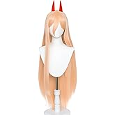 maysuwell Power Cosplay Wigs for Anime Long Orange Wig with Horns for Halloween Costume Party Adult Hair Wig