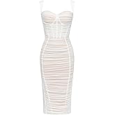 houstil Women's Strap Wedding Guest Dress Velvet Mesh Bodycon Cocktail Party Fishbone Mini Clubwear