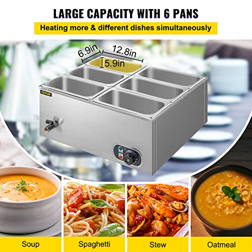 VEVOR 110V 6Pan Commercial Food Warmer 850W Electric Countertop Steam