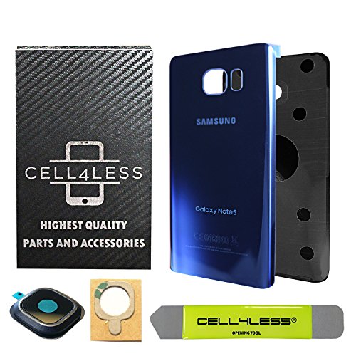 CELL4LESS Samsung Galaxy Note 5 Replacement Rear Back Glass Back Cover w/Custom Removal Tool & Pre-Installed Adhesive - Fits N920 Models - 2 Logo (Sapphire Black) (Sapphire Blue)