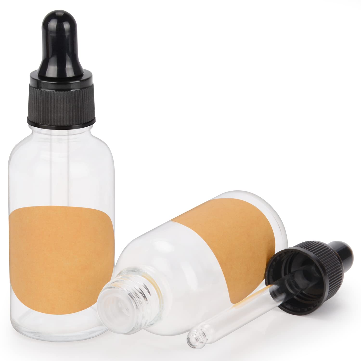 stonylab 30 ml 2-Pack Glass Dropper Bottle, Transparent Empty Bottle with Glass Dropper, Inner Plug and Label for Laboratory Solutions