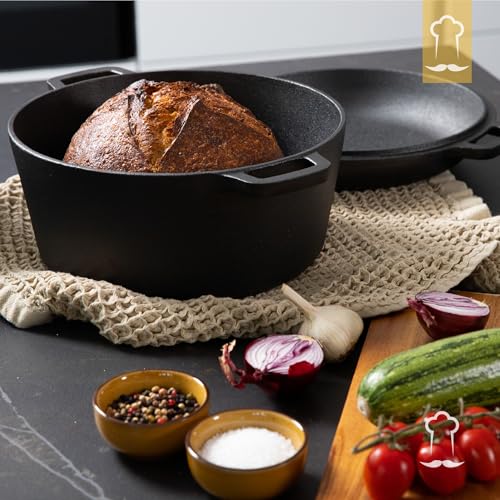 Cast Iron Pot 26 cm, Pre-Seasoned, Induction Compatible, 2-in-1 Cast Iron Roasting Pan with lid 4.6 L, Stewing Pan with Practical Double Function, Cast Iron Pot, Bread Baking Pot with Lid | Bake crispy sourdough bread or Schmore hearty dishes with proofing basket, dough scraper and 2 in 1 lid