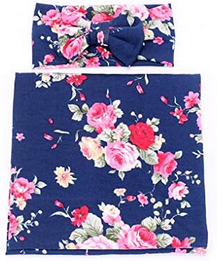 DPSKY Baby Receiving Blanket Headband 2pcs Set 31.5 inch X 31.5 inch Blankets Newborn Floral Sleeping Wrap (Blue, 0-3months)