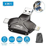 GOLDFOX SD/TF/Micro SD Card Reader for iPhone Andriod Mac Computer, 4-in-1 Memory Card Reader Adapter Trail Game Camera Viewer for iPhone iPad Smartphones with 4 Interfaces USB C/Micro USB/USB Ports