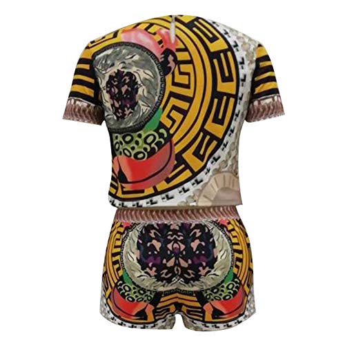 Women's Two Piece Outfits - Sexy Short Sleeve Crop Top and Shorts Set Large Yellow