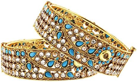 Gold Plated Simulated Turquoise &amp; Clear Bollywood Indian Bangle Bracelet 2.4 Set of 2