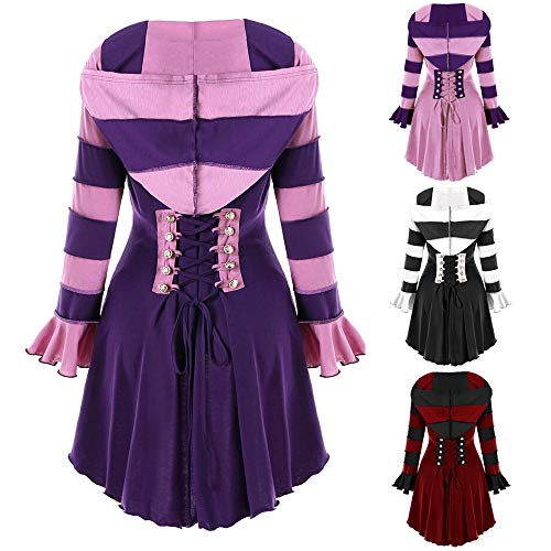 Women Tunic High Low Hooded Long Sleeve Corset Double Breasted Coat Blouse (Wine, XL/US:12.0) - Thumbnail 4
