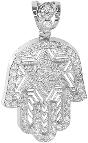 IcedJewels 5.87 cttw Round CZ 14K White Gold Hamsa Miriam Philosophical Hand of Miriam Religious Jewish Micro Pave Necklace Extra Large Pendant