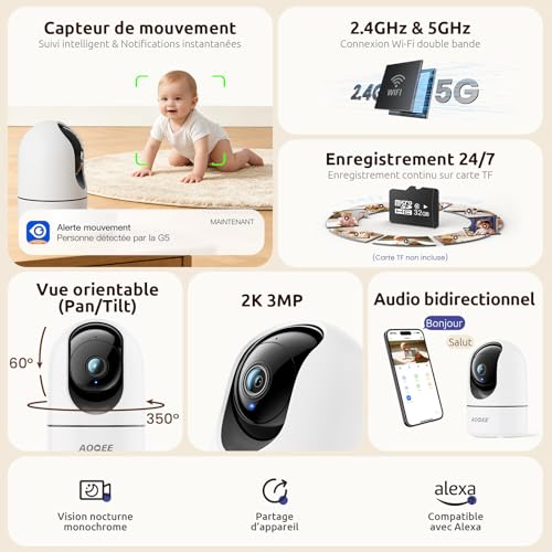 AOQEE 2K 3MP Indoor WiFi Surveillance Camera – 2.4G/5G Dual Band WiFi Surveillance Camera, 360° Intelligent Tracking, AI Human Detection, Compatible with Alexa for Baby/Cat/Dog (Pack of 3)