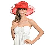 IL Caldo Women's Kentucky Derby Sun Hat Fascinator Flowers Wide Brim Gauze Hat Headdress,Red