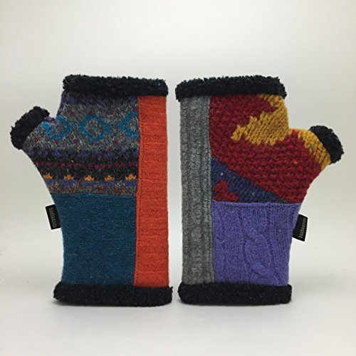 Baabaazuzu Blue, Red, Yellow, Grey, Multi-Coloured Women's Upcycled Wool Artic Fingerless Gloves