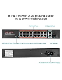 Rack Mountable PoE Switch,NexTrend 16 Port PoE+ Switch [16 PoE Port Plus 2 Gigabit Uplink Port and 1 SFP Port], Metal Design,Extend Function,250W PoE Power Budget - 802.3at Compatible - Fanless Design