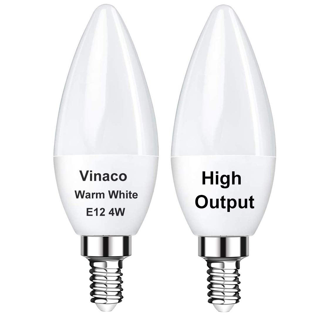 Photo 1 of Vinaco E12 LED Bulb, 2 Pack E12 Candelabra Bulb 40 Watt Warm White 3000K, High Brightness 400LM & 25000+ Long Lifespan E12 Bulb, E12 Candelabra Base, Light Bulb Great for Ceiling Fan Light Bulb