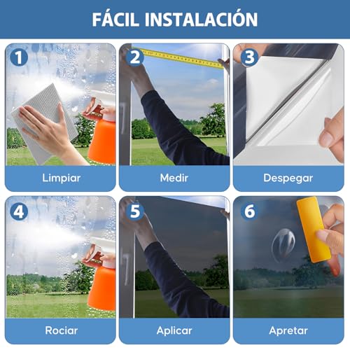 Película de Ventana,Vinil para Ventana Bloquea Calor Anti-UV Protector, Película Aluminio Vidrio Adhesiva Privacidad Espejo Unidireccional para Sala Cocina Oficina Hogar (Negro y Plata, 90X500 CM)