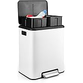8 Gallon/30 Liter Dual Compartment Trash Can, Stainless Steel Garbage Can with Soft-Close Lid and Two Removable Inner Buckets, 2 x 15L Two Compartment Trash Bin for Kitchen Bedroom Home, White