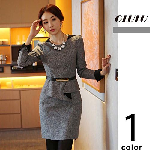 Amazon オルル Olulu 長袖 タイト ワンピース スーツ レディースファッション ワンピース ドレス スーツ ショート ミディアム スカート 結婚式 入園式 入学式 卒園式 卒業式 オフィス ビジネス 大きいサイズ フォーマル レディース 01 M S相当 グレー