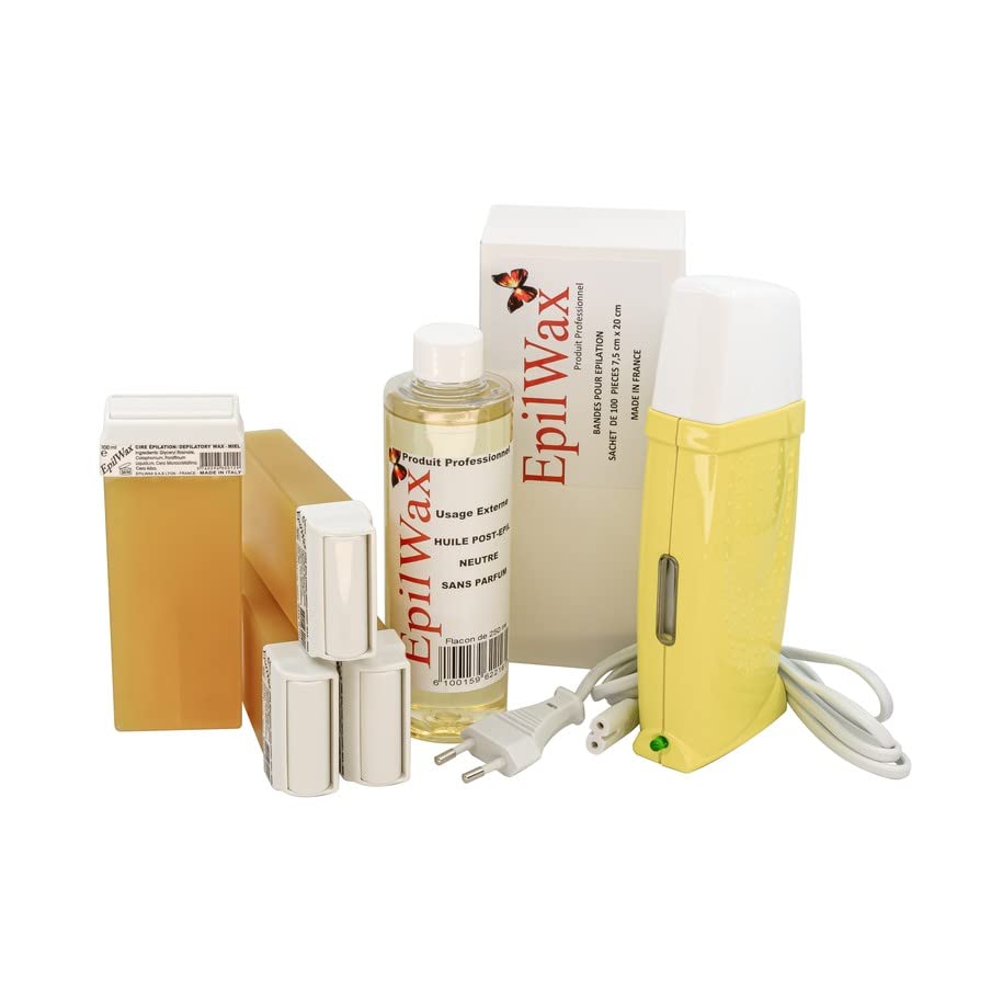 EpilWax Royal Depilatory Kit Complete with: Professional Wax Heater 4 Roll-On Wax 100 ml Honey, 100 Depilatory Strips, 1 Bottle 250 ml After Wax Oil - (Royal Honey Series 4)