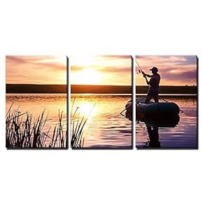 3 Piece Canvas Wall Art - Mature Man Fishing from The Boat on The Pond at Sunset - Modern Home Art Stretched and Framed Ready to Hang - 16"x24"x3 Panels