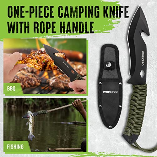 WORKPRO Hatchet and Machete with Sheath, One-piece Camping Axe and Hunting Knives with Rope Handle, 9 Pieces Camping Tool Set Includes LED Headlamp, Paracord, Flint Stick, Carabiners, Whetstone