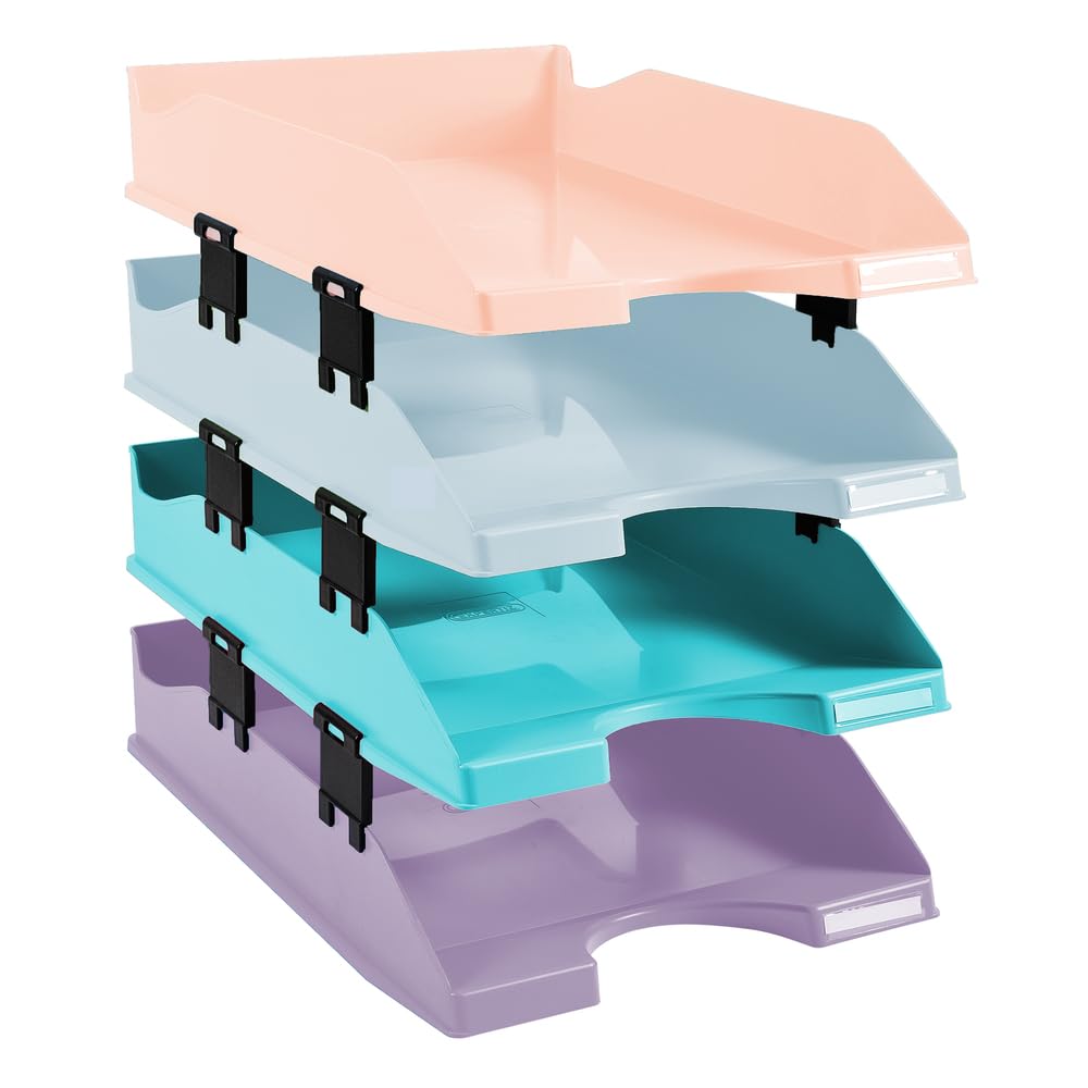 Exacompta - Ref 113296SETD - Aquarel Collection - Combo Midi Letter Tray - 346 x 255 x 65mm in Size, Suitable for A4+ Documents, Stackable, Approx. 500 Sheets - Assorted Colours (Pack of 4)
