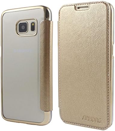 Galaxy S7 Flip Case,SINHONG [Clear Back with Bling Bumper] Leather Flip Wallet Case Cover with Credit Card Holder Slot for Samsung Galaxy S7 - Gold