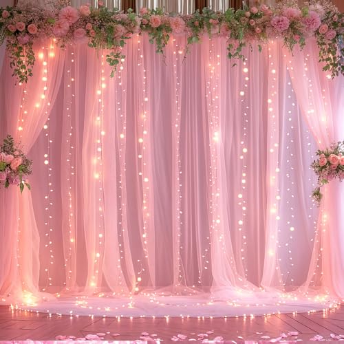 Suppromo Fotohintergrund aus Tüll, 6 x 3 m, mit Lichterkette, für Babyparty, durchsichtig, für Geburtstagsparty, Hochzeit, Fotokabine, Fotografie, Hintergrundde
