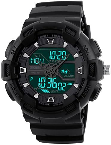 Men's Black Sport Watch, Outdoor Digital Rubber Waterproof Chronograph Watch, Military Dual Time Sport Watch, Black Rubber Simple Wrist Watch with LED Display, Calendar, Back Light, Alarm - Black