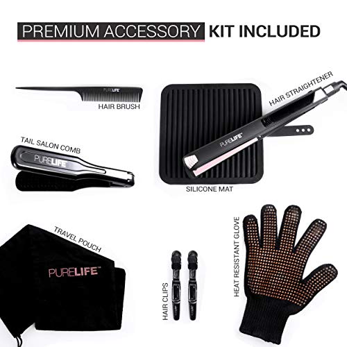 Hair Straightener by PureLife | 1 Inch Professional Tourmaline, Ceramic & Titanium Flat Iron | 8 Pc Set: Hair Brush, Heat Resistant Glove, Silicone Mat, 2 Hair Clips, Tail Salon Comb & Travel Pouch