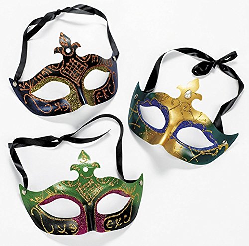 PLASTIC MARDI GRAS MASKS WITH JEWEL (1 DOZEN) - BULK