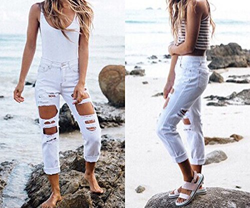 Happyear Women Hole Jeans High Waist Ripped Denim Skinny (S, White)