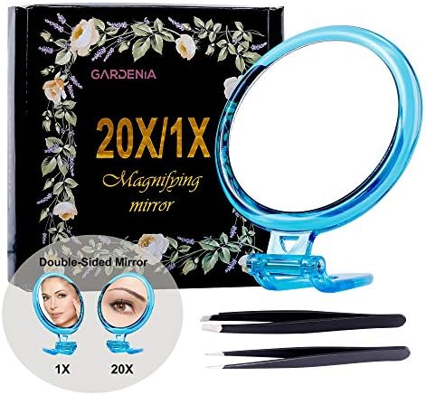 4 Inch Double sided 1x/20x Magnifying Mirror Tweezer Kit, Travel Mirror with 2 Blackhead Tweezers, Portable Close Up Mirror and Eyebrow Plucking Tweezers for Pocket/Handbag, Foldable, Blue