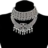 Retro Boho Tribal Tassel Collar Bib Chain Chunky Pendant Statement Necklace Choker for Women (Silver)