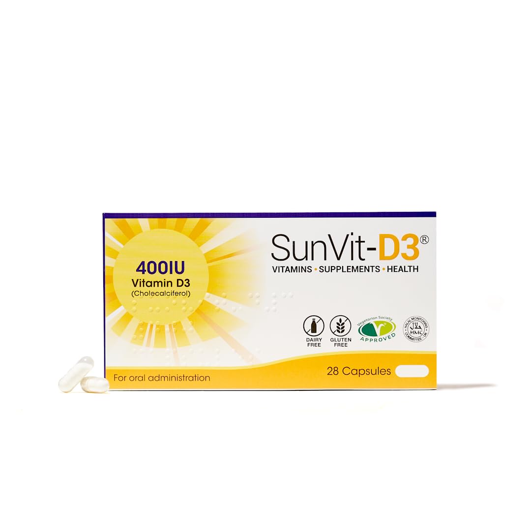 SunVit-D3 Vitamin D 400 IU Capsules - D3 Vitamin Cholecalciferol 28 Daily Vitamin D Capsules | Supports The Maintenance of Bone, Teeth, Muscles & Immune System with Vitamin D3 Capsules | Made in UK