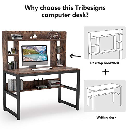 Tribesigns Computer Desk with Hutch, Modern Writing Desk with Storage Shelves, Office Desk Study Table Gaming Desk Workstation for Home Office, Light Brown + Black Legs