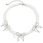 Zeshimb Pearl Beaded Choker Necklace Silver Black Ribbon Bow Pearl Chain Necklace Round Imitation Pearl Strand Collar Necklace White Pearl Bowknot Statement Necklace Wedding Jewelry for Women