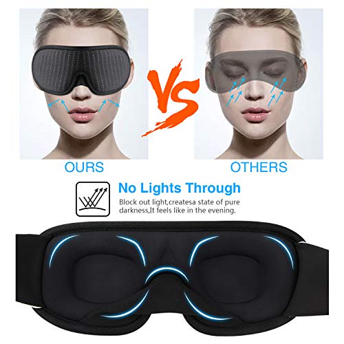 WOTEK Masque de Nuit, Masque de Sommeil 3D, Respirant Ultra-Douce en Mousse à Mémoire, 100% Bloquant Lumière, pour Femmes et Hommes, en Train, en Avion, au Bureau, en Voyage, en Mission - Noir