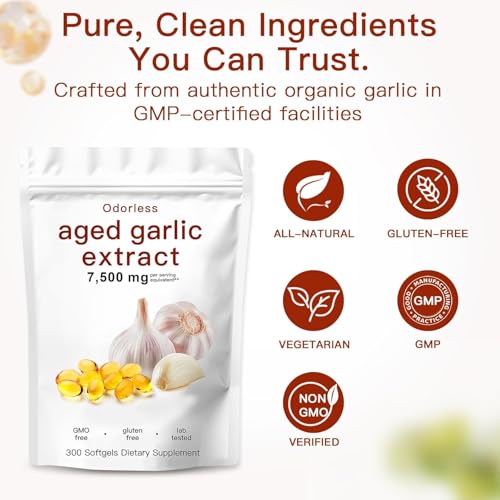 Aged Garlic Extract Capsules 7500mg Odorless – 300 Count Aged Garlic Supplement for Immune Support，Organic, Non-GMO, Vegetarian Softgels(1 PCS)