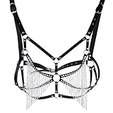 alisikee 2020 New Handmade Faux Leather Harness Bra, Metal Chain Tassel Body Caged Lock Bra Strap for Women, Black