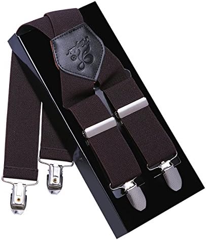 Men Suspenders KANGDAI Suspenders For Men Brown 4 Clips Wide 1.4" X Back Heavy Duty Men Braces Elastic Durable Suspenders Strong Metal Clips(Brown)