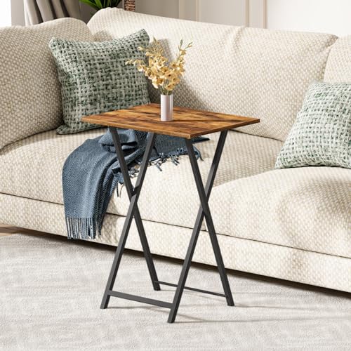 HOOBRO Folding TV Tray Table, Wooden TV Tray Table, Foldable Sofa Side Table for Small Space, Industrial Couch Snack Table for Eating Snack, Folding Laptop Table, Rustic Brown and Black EBF15BZ01