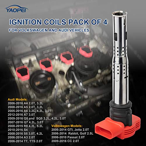 YAOPEI Ignition Coil Pack Set of 4 for Volkswagen Audi Vehicles Replace # 06E905115E -2 Years Warranty
