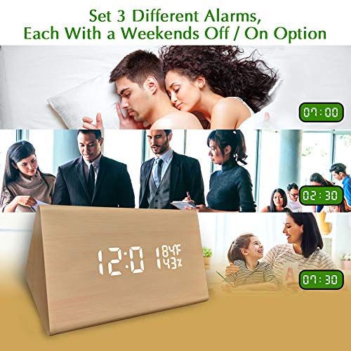 gbHome GH-6843 LED Faux Wood Digital Alarm Clock, Portable LED Desk Clock with USB Charger, Displays Time & Temperature, Adjustable Brightness, 3 Alarms and Optional Sound Activated Display - Thumbnail 5