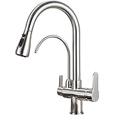 HUAHUALALA Kitchen Sink Faucet with Pull Down Sprayer 2 Handle 3 in 1 Water Filter Purifier Faucets, Brass Drinking Water Faucet Reverse Osmosis Brushed Nickel