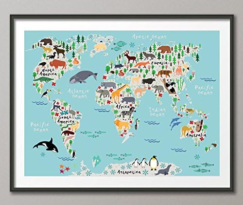 COCOMILLA Animal World Map, Animal Map, Worl Map Print, Kids World Map, For Kids, Dorm Room, Nursery Decor, Wall Art, Art Print, World Map Animal-862