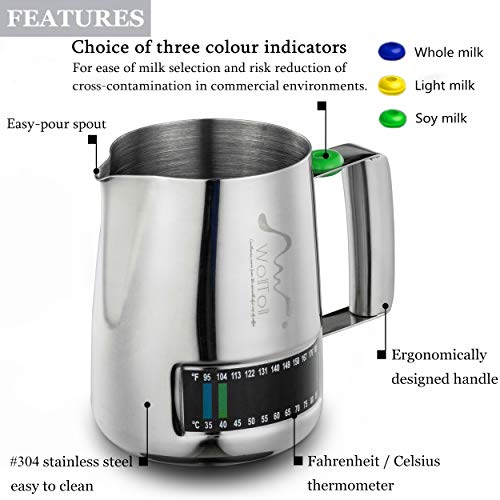 Milk Frothing Pitcher With Integrated Thermometer, 16oz/480ml Stainless Steel Milk Coffee Cappuccino Latte Art Barista Pitcher Milk Jug Cup, With Decorating Art Pen & Microfiber Cloth, Polished Finish - Thumbnail 3