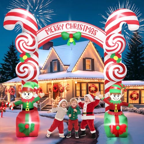 Kalolary 11FT Weihnachts-Aufblasbogen, Pfefferminzbonbon-Weihnachtsmann-Elf-Bogen, Outdoor-Weihnachtsdekoration, riesige aufblasbare Dekoration mit integrierten LED-Lichtern für Garten, Hof und Rasen