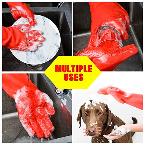 Magic Saksak Silicone Gloves, Silicone Cleaning Gloves for Kitchen Bathroom Cleaning, Pet Hair Care, Car Washing (1 Pair, Red)
