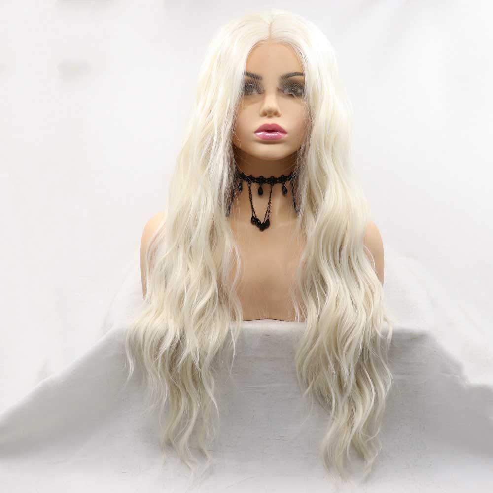 Xiweiya Wigs Platinum Blonde 60#Color White Blonde Synthetic Lace Front Blonde Wave Hair Wig Heat Resistant Fiber Long Wavy Wigs