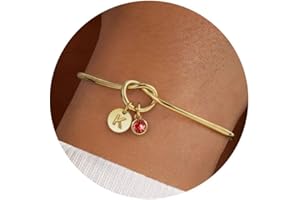 Turandoss Initial Birthstone Bracelets for Women, Dainty 14K Gold Plated 12 Months Disc Initial A-Z Birthstone Heart Knot Bangle Bracelet Birthday Bridesmaid Valentines Jewelry Gifts for Women Girls